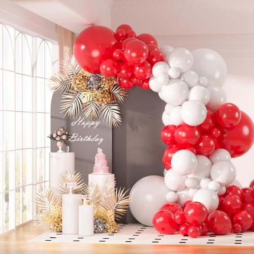 130pcs Red and White Balloons Garland Arch Kit 18 12 10 5 Inch Different Sizes Pack Red White Latex Balloon for Wedding Baby Shower Birthday Christmas Party Garland Decoration