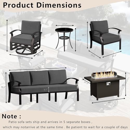 Image of Patio Furniture Set 7-Piece Aluminum Armrest Sofa, Modern Outdoor Living Room Set with 55000 BTU Propane Aluminum Fireplace, Outdoor Rotary Joystick with Thick Cushion