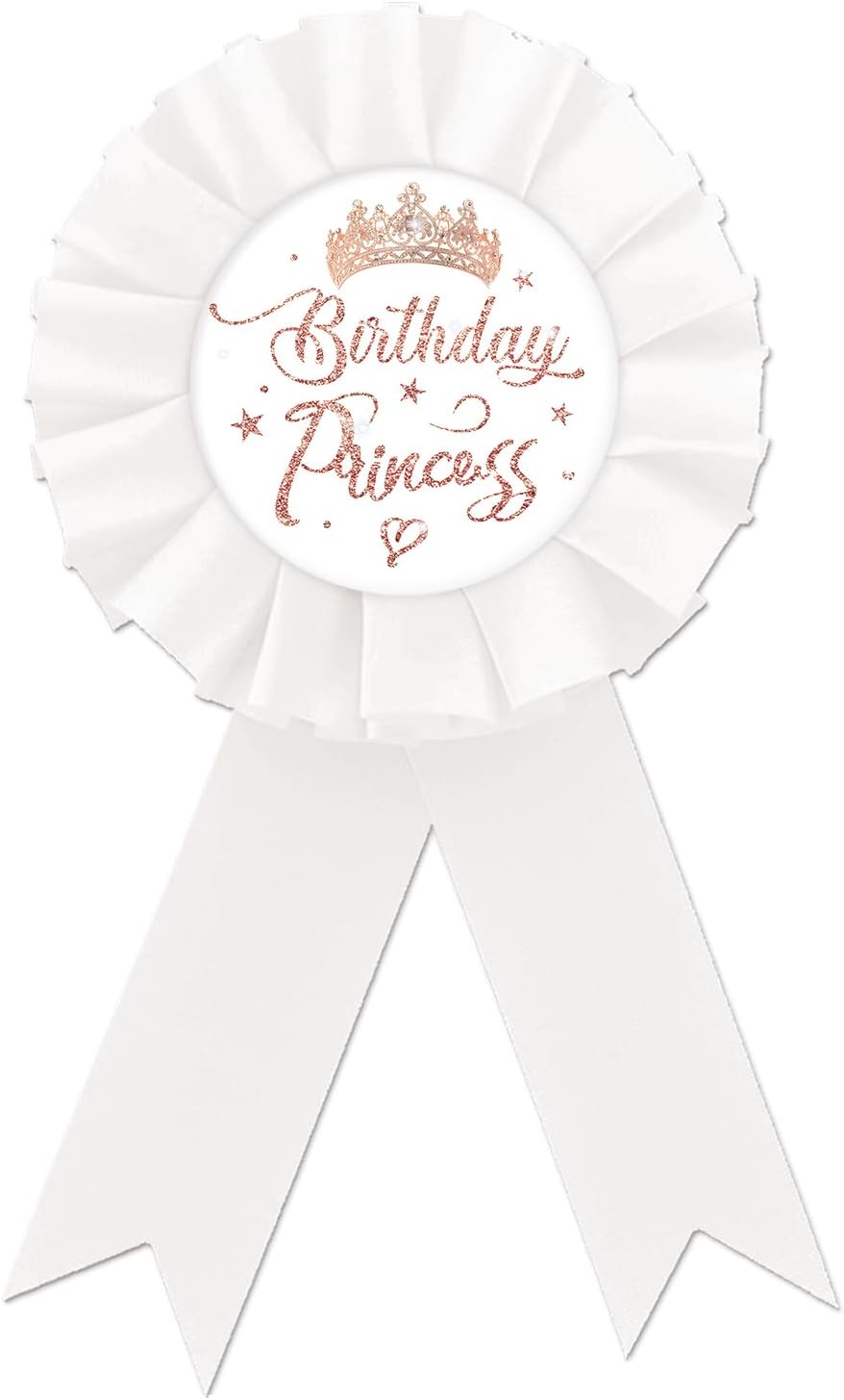 Birthday Princess Tinplate Badge Pin, Rose Gold Crown Birthday Girl Button Pin, Birthday White Rosette Badge Pin for Girl, Brooch Buttons for Girl's Birthday Party, Happy Birthday Award Badge Pin for Baby Girl