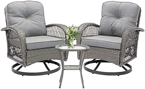 Villeston Swivel Patio Chairs, Outdoor Rocker Table and Chairs 3 Piece Bistro Set 360° Rattan Wicker Front Porch Furniture with Cushions Outside