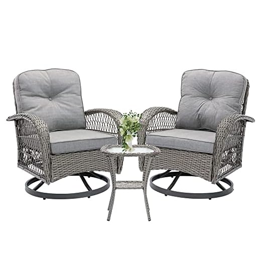 Villeston Patio Bistro Set, Swivel Rocker Table and Chairs 3 Piece Outdoor 360° Rattan Wicker Front Porch Furniture with Cushions Outside