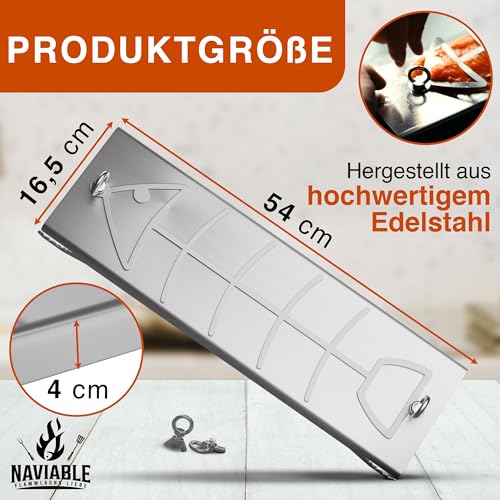 Naviable Edelstahl Flammlachshalter für Feuerschalen & Kugelgrills – Testsieger - 5-stufig verstellbares Grillbrett für perfektes Flammlachs und Fisch - Grillen bei Camping & Grillpartys
