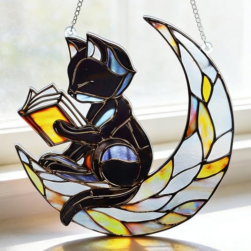 EOBROMD Stained Glass Window Hanging Suncatcher, Black Cat and Moon Double Side Glass Panel Sun Catchers, Handmade Decor Birthday Gifts for Women, Men, Mom, Couples and Lovers 7.8x7.8 inch