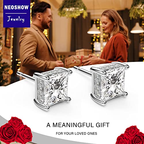18K White Gold Plated Sterling Silver Princess Cut Cubic Zirconia Stud Earrings Square Simulated Diamond CZ Stud Earrings for Women Men Hypoallergenic4