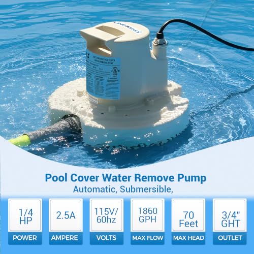 Image of Automatic Pool Cover Pump 115V,1 /4HP, 1860GPH Submersible Water Removal Pump for In /Above Pool Covers, 3 /4 inch Garden Hose Adapter, Plug-and-Play, UL Certified and With 25Ft Cord