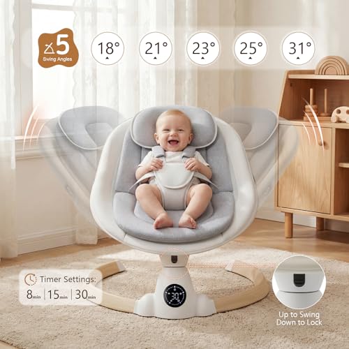 Image of Baby Swing for Infants, Portable Electric Baby Swings with Bluetooth, 5 Swing Speed, 10 Melodies, 5-Point Harness, Remote Control & Touch Panel - Infant Swing for Indoor & Outdoor Use, Wood Grain