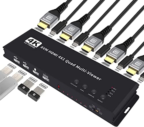 Image of Tobo 4K HDMI Multiviewer 4 in 1 Out 1080P, 4 Ports Quad KVM swich, Seamless Switch 5 Viewing Modes，Shares 4 USB Devices on 4 Computers(HDMI-4x1-KVM)