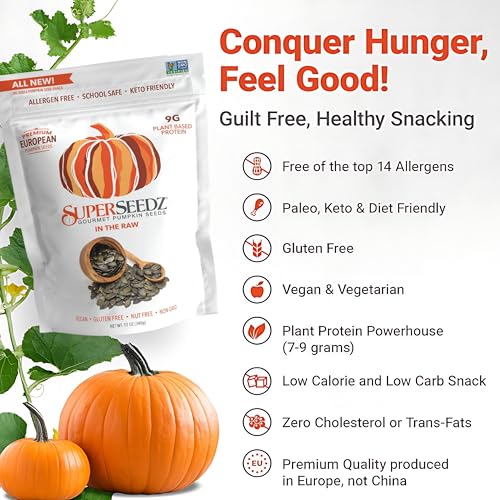 SuperSeedz Raw Styrian Pumpkin Seeds - Raw Unsalted Pepitas, No Shell, Whole 30, Paleo, Vegan & Keto Friendly, 9g Plant Based Protein, Produced in USA, Nut Free, Fresh Gluten Free Snack (12oz) - Thumbnail 3