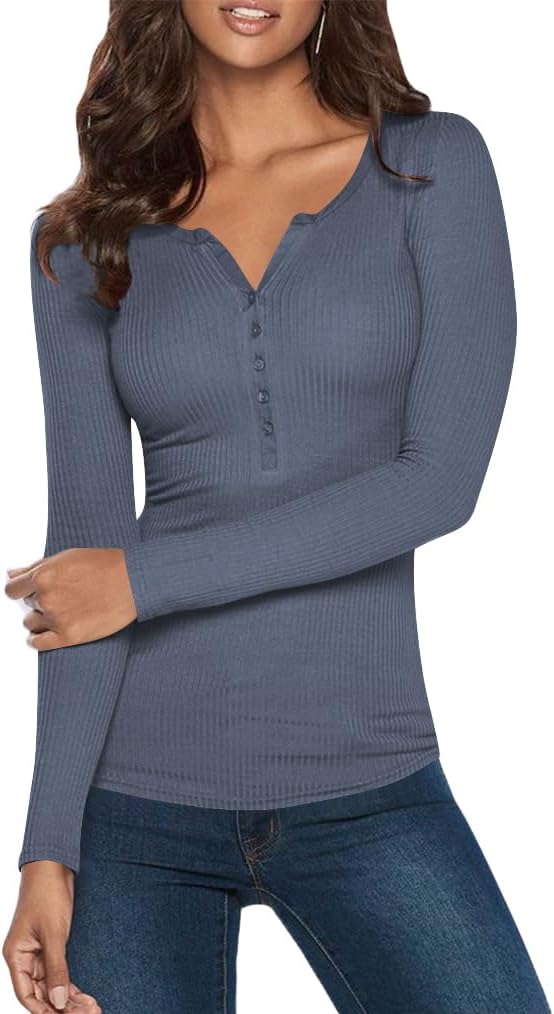 Poetsky Ribbed Henley Long Sleeve Shirts for Women | Women's Henley Shirts Long Sleeve V Neck Layering Tops Rib Thermal Fitted Underscrub Tshirt