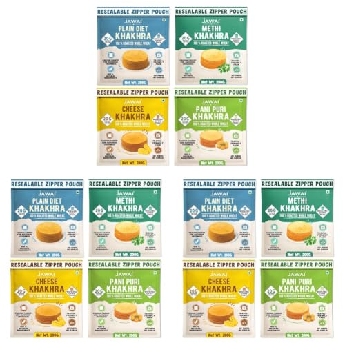 Image of JAWAI ROASTED WHOLE WHEAT KHAKRA COMBO- Plain Diet, Methi, Cheese, Pani Puri Khakhra Plant Based, Ready To Eat Healthy Snacks, Vaccum Packed Indian Snacks (Pack of 12, 200 gms each)