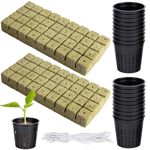 GIONAR 76Pcs Net Cup Pots - Hydroponics Mesh Net Cup Kit -Include 20Packs 2 Inch Slotted Mesh Net Pot Cups, 36Packs Stonewool Starter Plugs, 20 Article Self Watering Cotton Wick Cord for Hydroponics