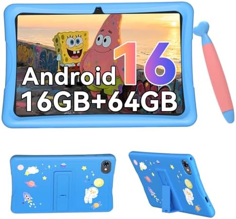 Kinder Tablet 10 Zoll, Android 16 Kinder Tablet ab 3-14 Jahre, 16GB(4+12) RAM + 64GB ROM(2TB Erweiterbar), Augenschutz HD Display, Kindersicherung, GMS, 5000mAh, WiFi6, 4 Jahre Gar
