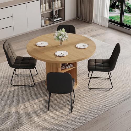 Image of 5-Piece Dining Set for Small Spaces 43.3 inch Round Table & 4 PU Leather Chairs, Modern Farmhouse with Storage Shelf, Apartment Kitchen Easy Assembly (Natural Color Round Table + 4 Modern Black Chairs)