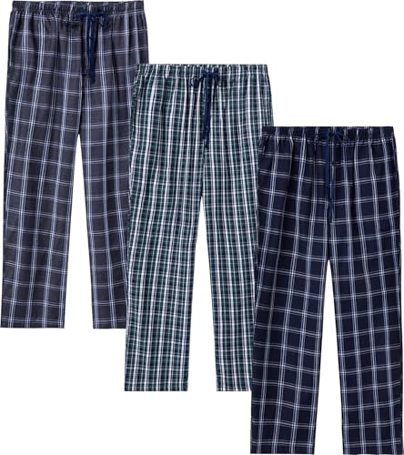 Image of JupiterSecret Mens Pajama Pants Set Cotton Lightweight Plaid Sleep & Lounge 3-Pack PJ Bottoms with Pockets and Button Fly