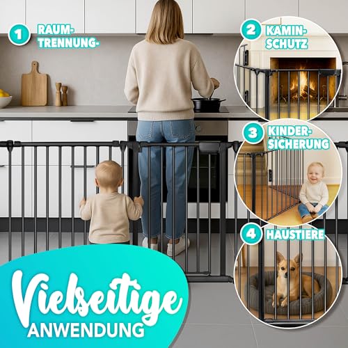 KIDUKU® Kaminschutzgitter mit Tür Metall 240 cm | Absperrgitter Ofenschutzgitter faltbar | Konfigurationsgitter inkl. 4 Elementen (Schwarz)