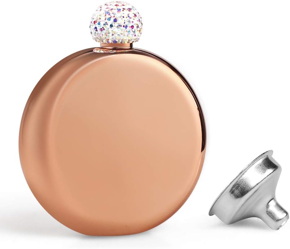 KWANITHINK Hip Flasks for Women, Stainless Steel Hip Flask Round with Funnel, Pocket Flask Alcohol Flask Gift for Women Valentine' s Day 5 oz (Gold)