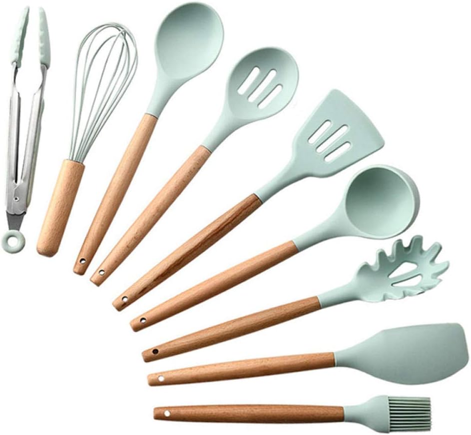 Kitchen Utensil Sets 2020 Silicone Kitchenware Set with Wooden Handle Turner Soup Spoon Spatula Brush Scraper Pasta Egg Beater Kitchen Cooking Tools-12pcs Set (9pcs Set)