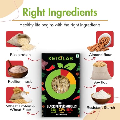 Image of Ketolab Keto Pepper Noodles Spaghetti, 200 Gms (Pack of 2), 3.8g Net Carb & 23% High Protein /Serving, Identical to Regular Noodles, Low Carb, High Fibre, Low GI, Keto Diet, Diabetic Friendly