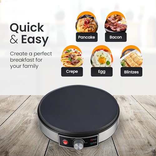 Morning Star 12-Inch Electric Crepe Maker with Nonstick Cooktop | Portable Griddle | Adjustable Temperature Control | Includes Wooden Spatula, Batter Spreader, 2 Recipe Booklets