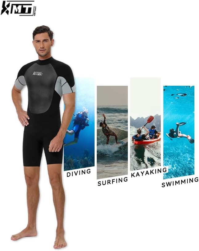 kmt wetsuit for men, mens shorty wetsuits 2mm back zip wet suits high-elasticity cr grey medium tall