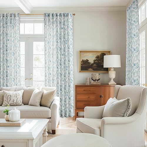 Image of Blue Floral Curtains 90 Inch Length Back Tab for Living Room 2 Panels Set | Light Filtering, Linen Curtains, Blue Flower, Plant Pattern, Print on White, Aesthetic, Coastal Style, Vintage, Cottagecore