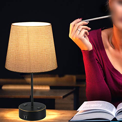 USB Table Lamp, Gray Fabric Shade Bedside Table Lamp with Two AC Outlet Fast Dual USB Charging Ports, Modern Design Desk Lamp Ideal for Bedroom,Office,Guest Room, Kids Room 2Pack