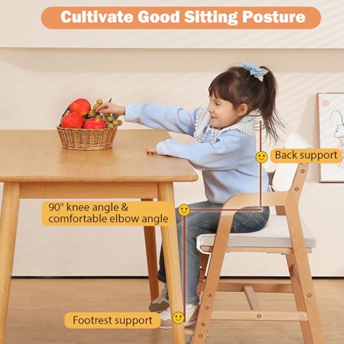 Image of Swegrow Wooden High Chair with 2 Wheels, Adjustable Seat - Backrest - Footrest Heights, Wooden High Chair for Toddlers - Kids and Baby, Kids Dining Chair with Removable Cushion(Beige)