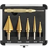 COMOWARE Step Drill Bit Set & Automatic Center Punch- Unibit, Titanium Coated, Double Cutting Bla...