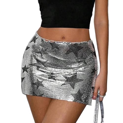 Duyeuau Elegante falda de tubo con lentejuelas de estrella, falda de vestido ajustado metálico, vestidos cortos para la moda, Plata-s, 9.36x3.9in