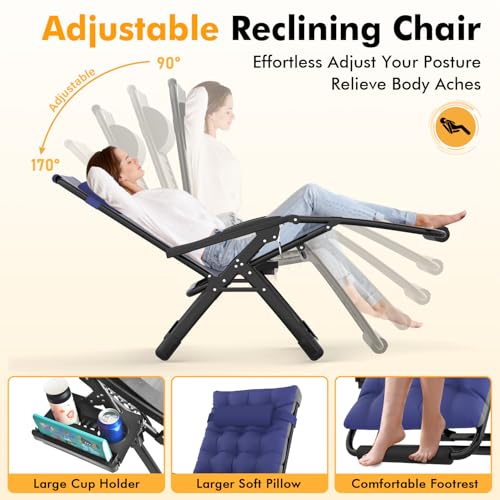 Image of Slendor Oversized Zero Gravity Chairs XL, 29in Padded Recliner Chair, Blue | Reclining Lounge Chair, Folding Anti Gravity Chairs w /Aluminum Alloy Lock,Headrest,Cup Holder, Support 440lbs,for Lawn Patio