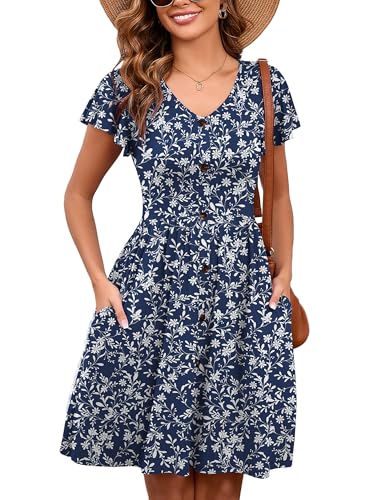 Image of Heymoments Women's Ruffle Sleeve V Neck Swing Sundress Summer Casual A-Line Midi Dress with Pockets S-2XL