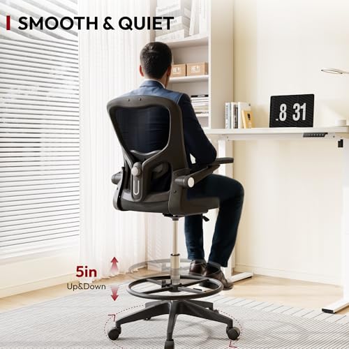 SANODESK Ergonomic Drafting Chair - Standing Desk Chair with Breathable Mesh 2D Lumbar Support 3D Flip up Armrest and Footring Rolling 360° Swivel Computer Chair for Home Office Black