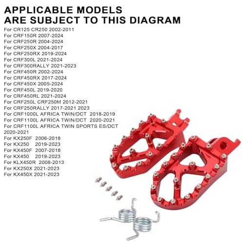 Image of JFG RACING Lengthened Dirt Bike Foot Pegs for CR125 CR250 /CRF150R CRF250R | CNC rest pedal footpegs,for CR125 CR250 02-11 /CRF150R 07-24 /CRF250R 04-24 /CRF300L 21-24 /CRF450R 02-24 /CRF250X CRF450X,red
