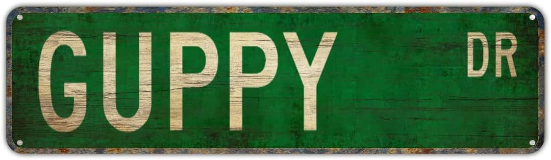 Peiyeety A007 Vintage Metal Tin Sign Guppy Drive Street Sign, Retro Wall Decor For Home, Bar, Garage, Cafe, Man Cave, Aquarium, Pet Room, Rustic Wall Art For Indoor And Outdoor Decoration, 4X16 Inch