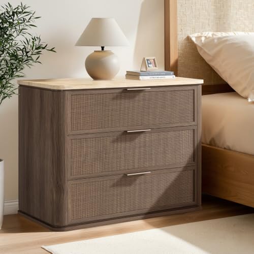 Image of Night Stand, 30.71 inch W Rattan Nightstand with 3 Drawers, Faux Marble Top Bedside Table, Boho Mid Century End Table for Bedroom Living Room Sofa Office, Dark Oak [FSC Certified]