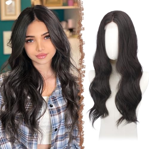 FESHFEN Pelucas Onduladas Largas   Peluca Lace Front Castaño Oscuro Pelucas Largo pelo Natural Sintético Wigs para Mujeres Fiesta Carnaval, 60 cm