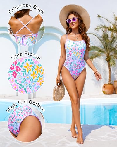 Image of Jolefille Womens One Piece Swimsuit Tummy Control Modest Bathing Suit Teen Girls Swim Suit Cute Floral Swimwear