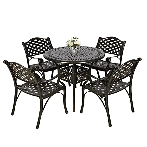 MEETWARM-5-Piece-Outdoor-Furniture-Dining-Set-All-Weather-Cast-Aluminum-Conversation-Set-Includes-4-Chairs-and-a-354-Round-Table-with-2-Umbrella-Hole-for-Patio-Garden-Deck-Lattice-Weave-Design