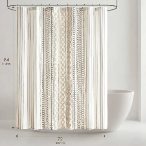 Image of Ink+Ivy Imani Tufted Chenille 100% Cotton Shower Curtain Boho Bath Curtains for Bathroom, Colorful Stripes Modern Farmhouse Shower Curtain, Bathtub Privacy Screen, Machine Washable 72 inch x 84 inch, Ivory