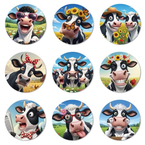ANATTASOUL 9 Pièces Dessous de Verre Peinture, Vache Drôle sous Verres Peinture Coasters, sous-Verres en Bois Couleurs, Été Dessous de Verre Rond pour Maison, Bar, Bureau