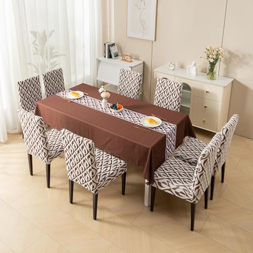 Image of HOMETHREADS Stretchable Elastic Jacquard Chair Seat Cover and Waterproof Dining Table Cover - Removable & Washable, Durable Seat Protector for Dining Room (Coffee, 4Chairs+1Table Cover (150X180))