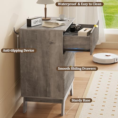 Image of Fluted Nightstand with 3 Large Drawers, Wooden Side End Table with Elevated Legs for Easy Cleaning, Sturdy Modern Beside Table for Small Space, Bedroom, Grey, 24 inch L