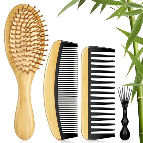 BFWood バンブーヘアブラシとコーム、木製ヘアコームセット、女性、女の子、男性用、木製カーリーもつれ解消ヘアパドルブラシ、ワイドトゥース細歯旅行
