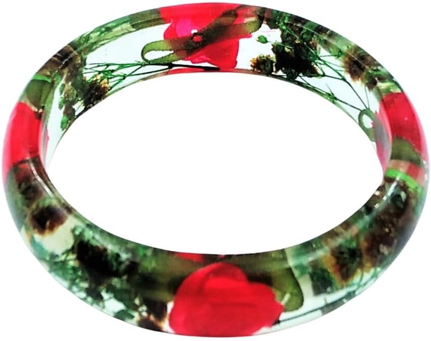 SUNITI Red Rose Green Leaf Real Dried Flower Glass Transparent Resin Handmade Bangle Bracelet for Women(Pack of 1)