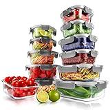 NutriChef Superior Glass Food Storage Containers - 24-Piece Stackable Glass Meal-prep Containers w/Newly Innovated Hinged BPA-Free 100% Leakproof Locking Lids - Freezer-to-Oven-Safe - NCGLGY (Gray)