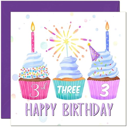 3rd Birthday Card for Women Cute Cupcake Birthday Card for 3 Year old Girl Kids Daughter three, third Granddaughter Sister Niece cousin