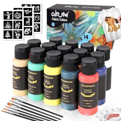 Colorful Fabric Paint Set for Clothes with 6 Brushes 1 Palette 14 Colors Permanent Child Safe & Non- Toxic Fabric Paint Kit for T-Shirt Bags and Cloth Shoes