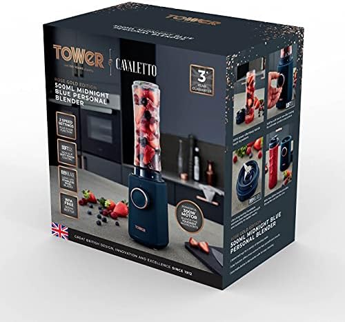 Tower T12060MNB Cavaletto Personal Blender with Tritan Smoothie Bottle, 2 Speeds, Pulse Function, 300W, Midnight Blue and Rose Gold