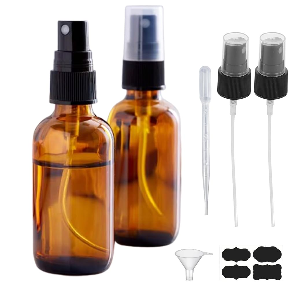 2oz Amber Glass Spray Bottles for Essential Oils Hair Skincare Cleaning Travel 2-Pack Small Empty Spray Bottle