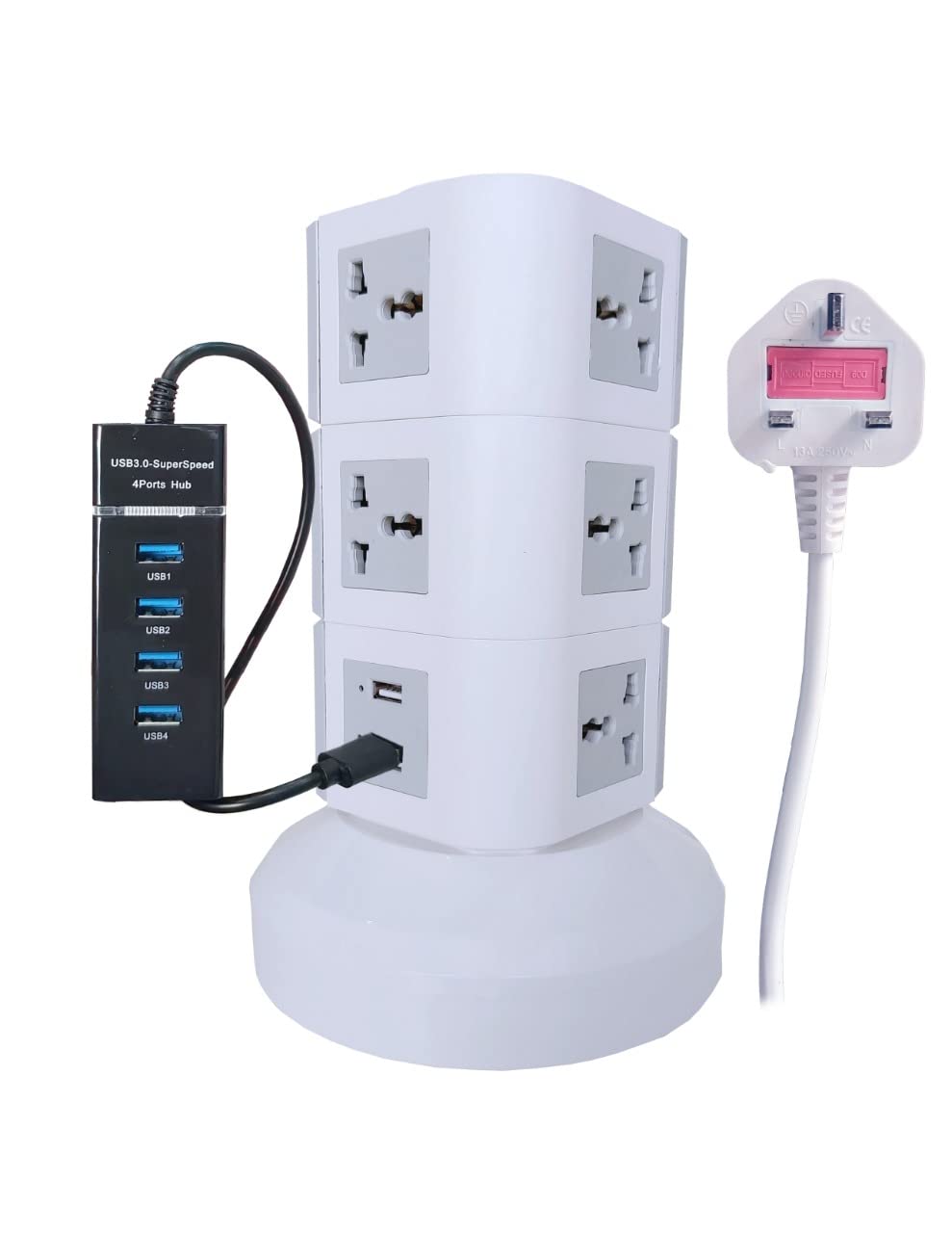 Tower Extension Cord Universal Multi Power Socket 220V With USB Ports 3M Cord and UK-Plug Power Strip Multi Charging Station with FREE 4 Port USB HUB.